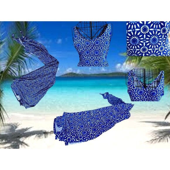 SO Maxi Dress Girls Sz M Blue White Floral Sleeveless Strappy Front Side Slits - Picture 10 of 12